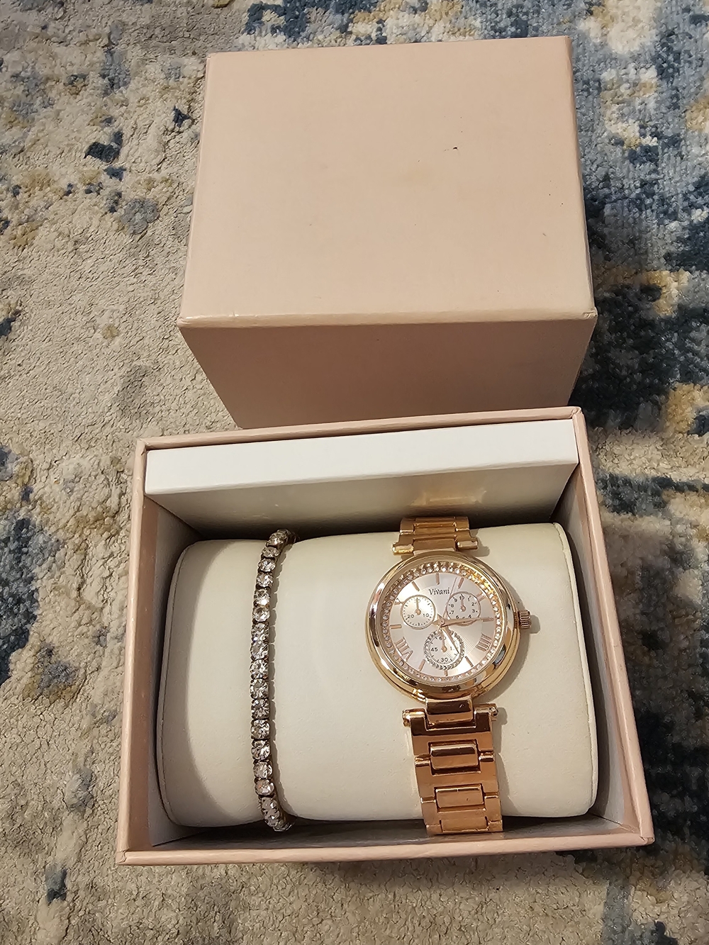 Vivani Rose Gold Women's Watch & Rhinestone Bracelet Gift Set with Box